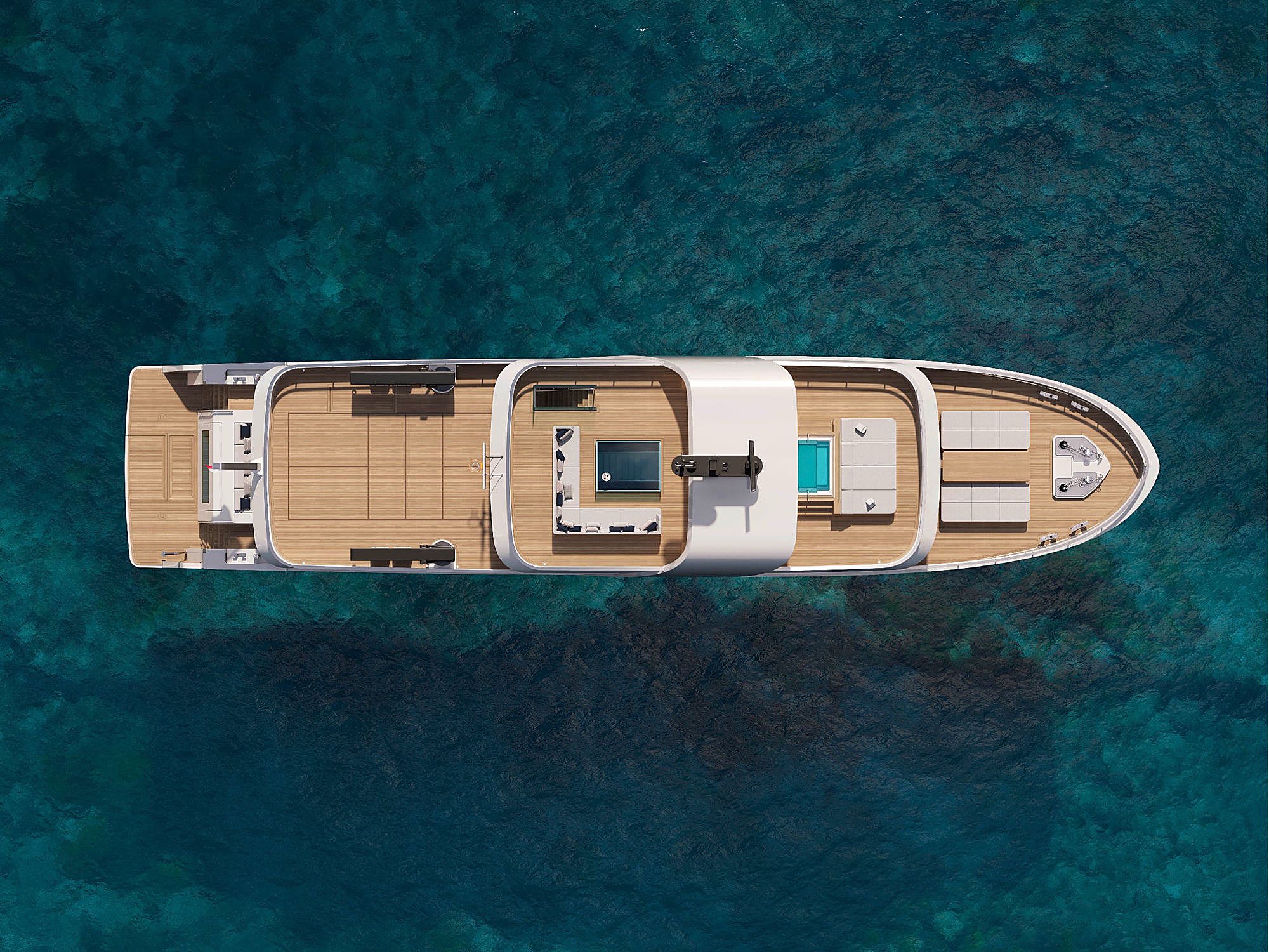 Overhead view of the yacht underway, showing the foredeck, sundeck lounge, plunge pool, and aft basketball court.