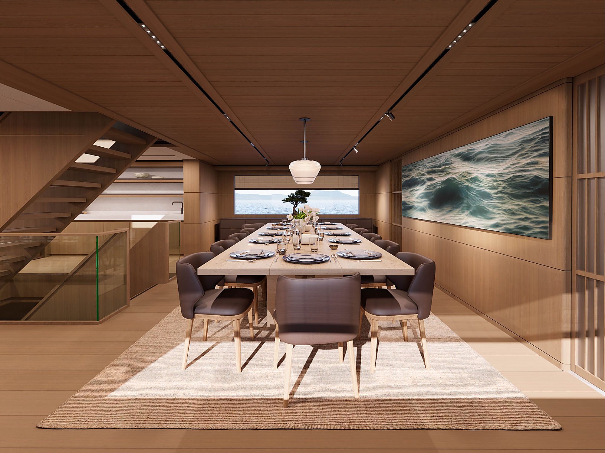 Formal dining table seating twelve beneath a pendant light, with a large wave photograph on the wall behind.