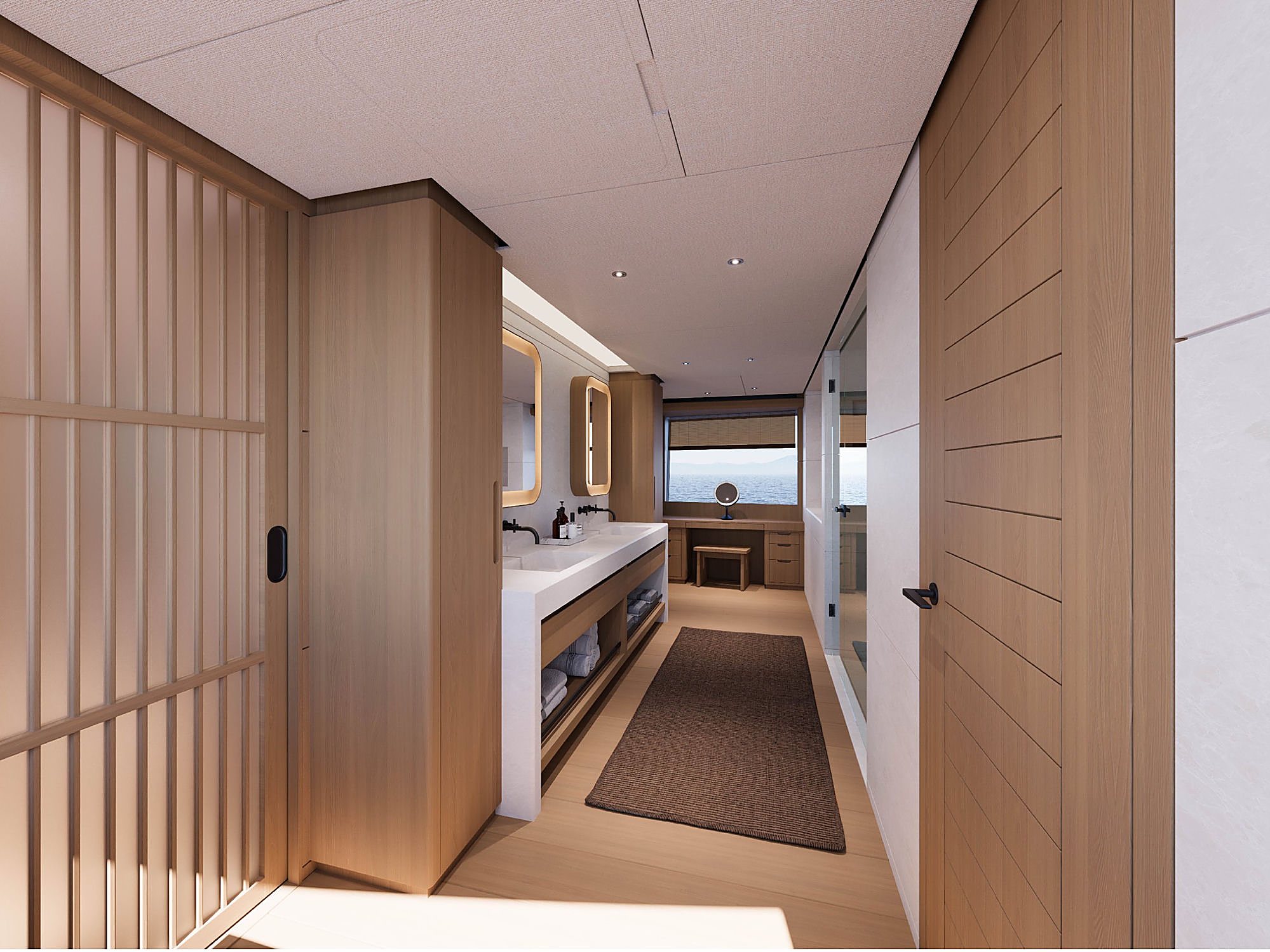 Bathroom hallway with a double vanity, backlit mirrors, and a wood-slat sliding screen.