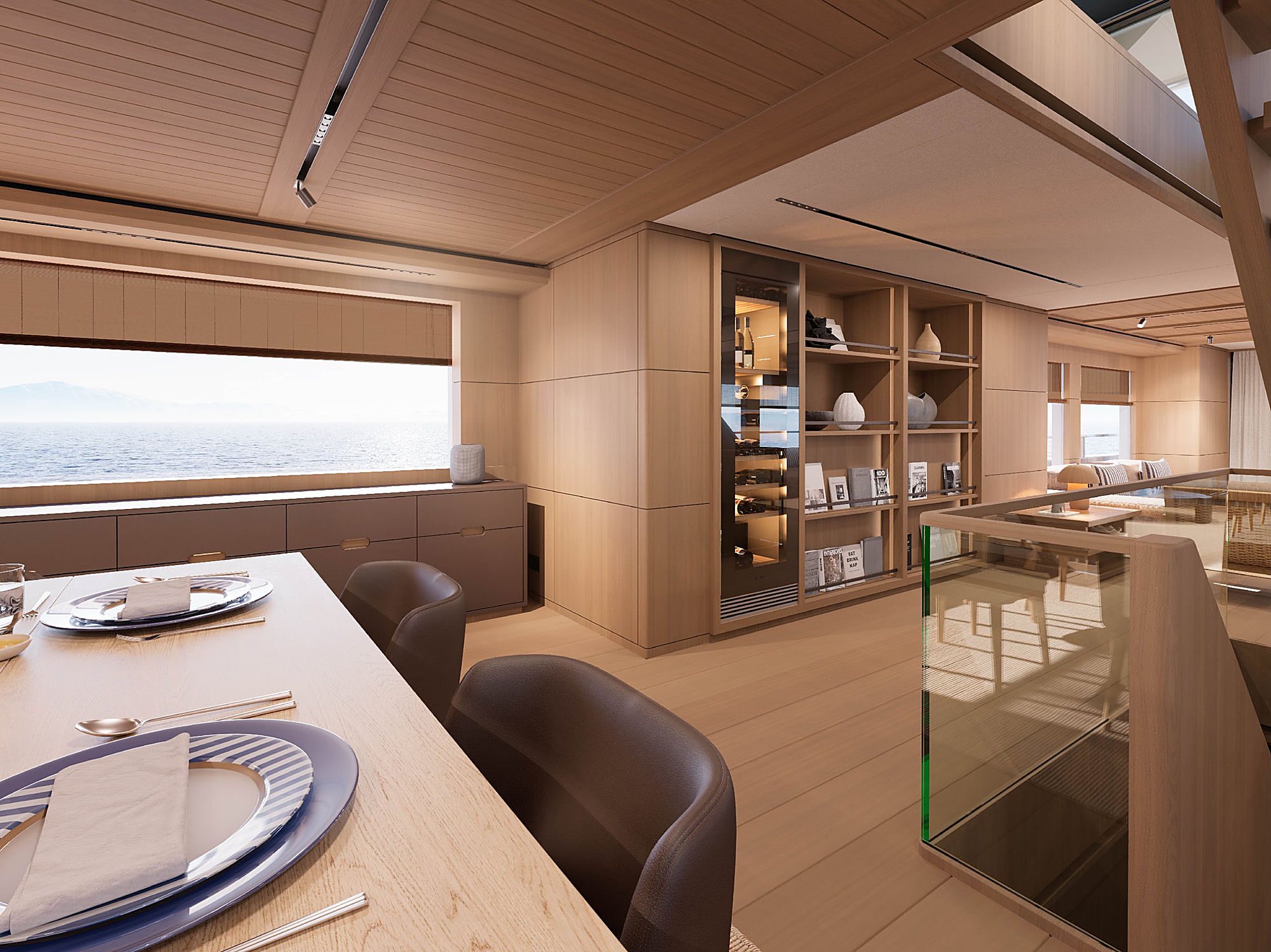 Dining area with a built-in wine fridge and open shelving beside a stairwell landing.