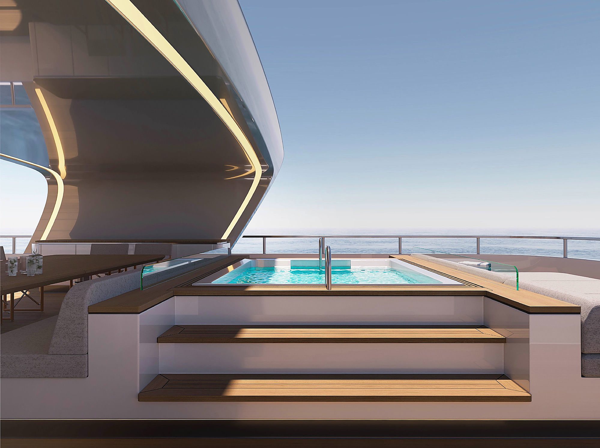 View down to the aft swim platform and plunge pool from beneath the sundeck overhang.