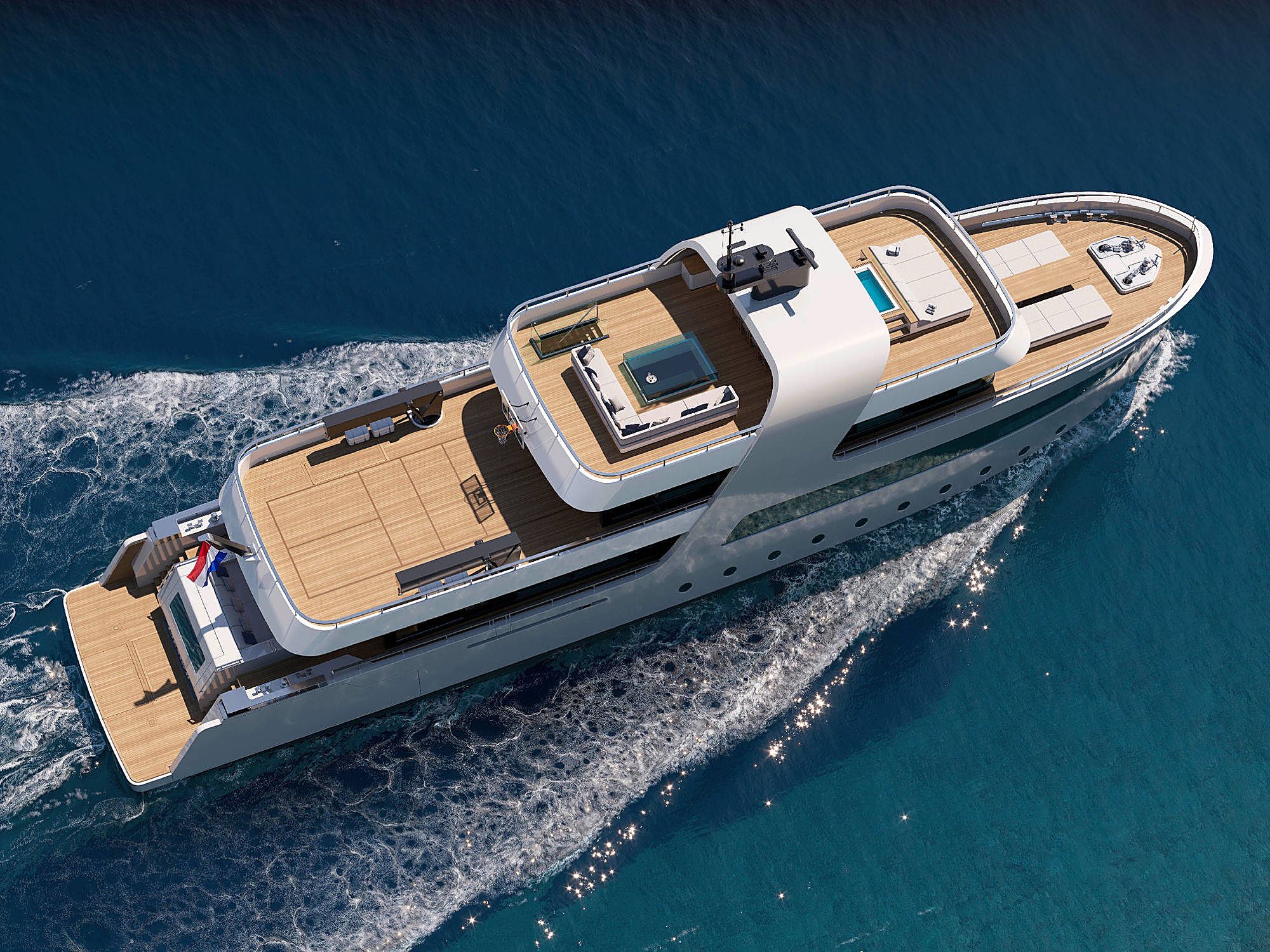 Detail of the yacht's sculpted white overhang above the aft swim platform and plunge pool.