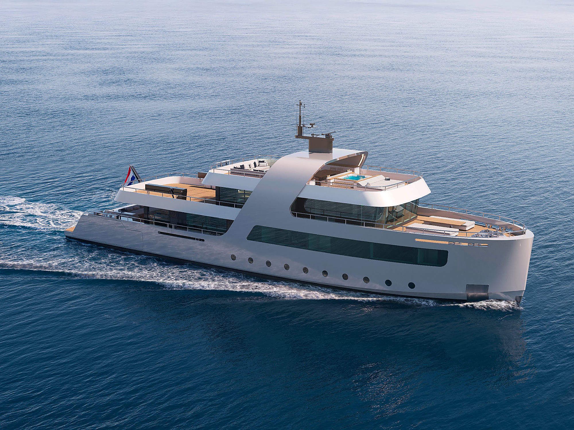 Side profile of the yacht underway, cutting through open water.